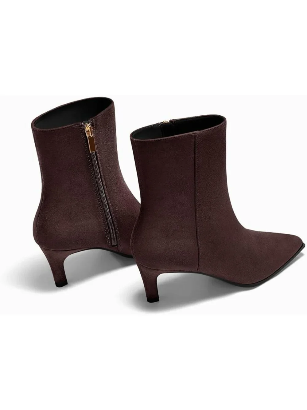 Women's Chocolate Kitten Heel Faux Leather Pointed Toe Side Zipper Ankle Boots
